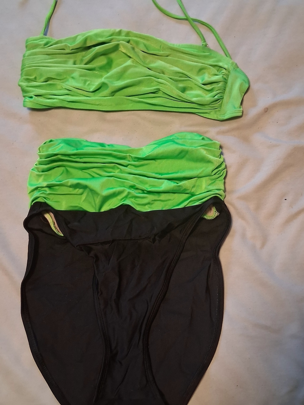 La Blanca Neon Green Ruched Bandeau Bikini with Black High-Waist Bottoms
